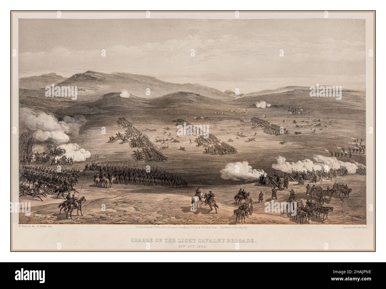Vintage archivio illustrazione carica della brigata di cavalleria leggera, 25th ottobre 1854, sotto il generale maggiore il conte di Cardigan / W. Simpson delt. ; E. Walker Lith Lord Cardigan che guida la carica della brigata leggera verso l'artiglieria russa a sinistra, in primo piano, il fuoco di artiglieria russa sul fianco sinistro della brigata leggera di carica, come artiglieria sulle colline nel fuoco di fondo sul fianco destro; La cavalleria russa aspetta di essere pronta ad ingaggiare gli inglesi o a contrattaccare. Giorno & Figlio. Simpson, William, 1823-1899, artista Foto Stock