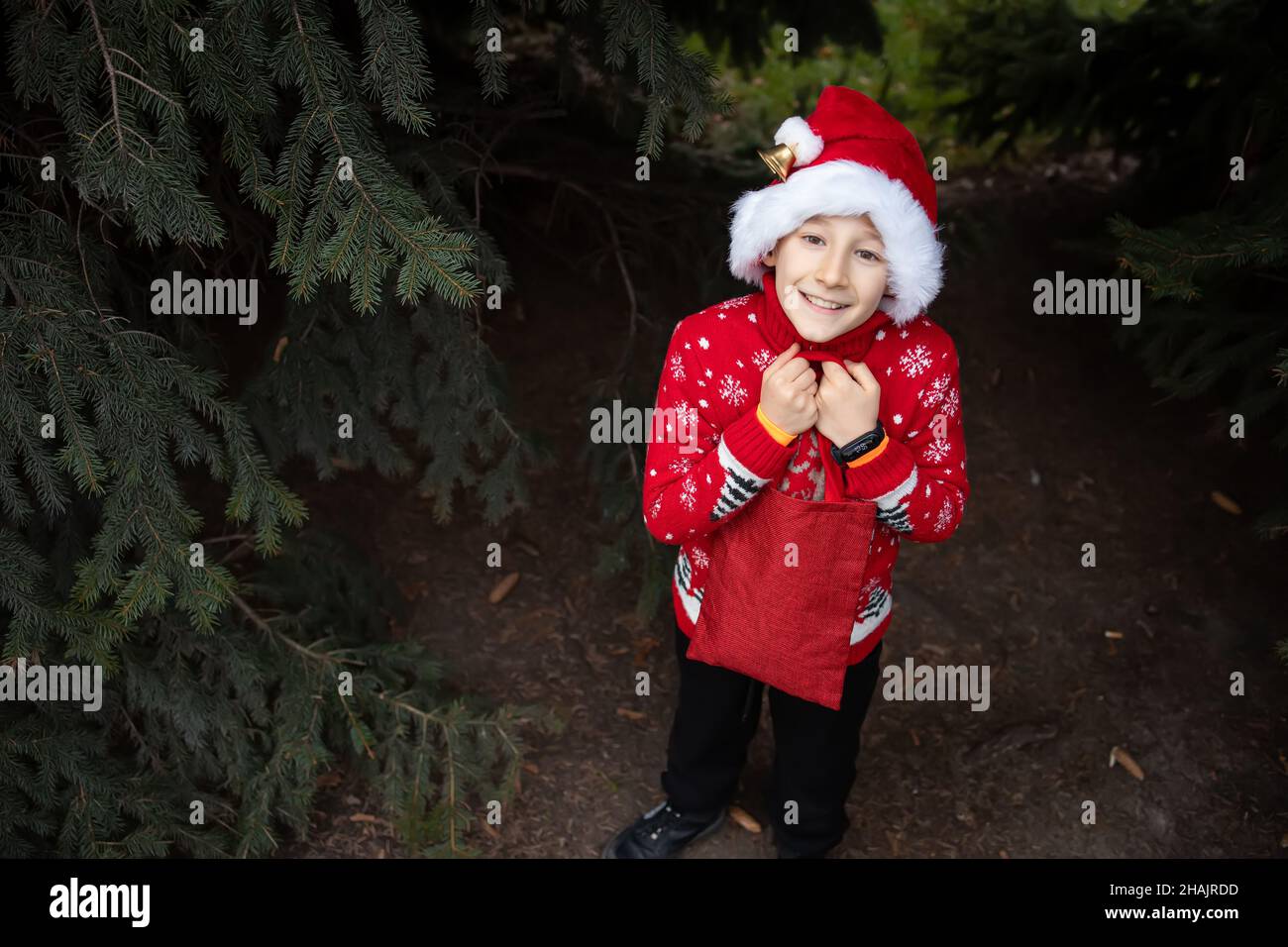 Un ragazzo in un maglione di Natale a maglia rossa con una renna di Natale e un cappello Babbo Natale tiene una borsa rossa con regali in mano ai bordi del pi Foto Stock