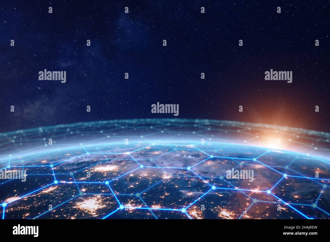 Rete di comunicazione al di sopra della Terra per lo scambio digitale globale di affari e finanza. Internet delle cose (IoT), blockchain, città intelligenti connesse, futu Foto Stock