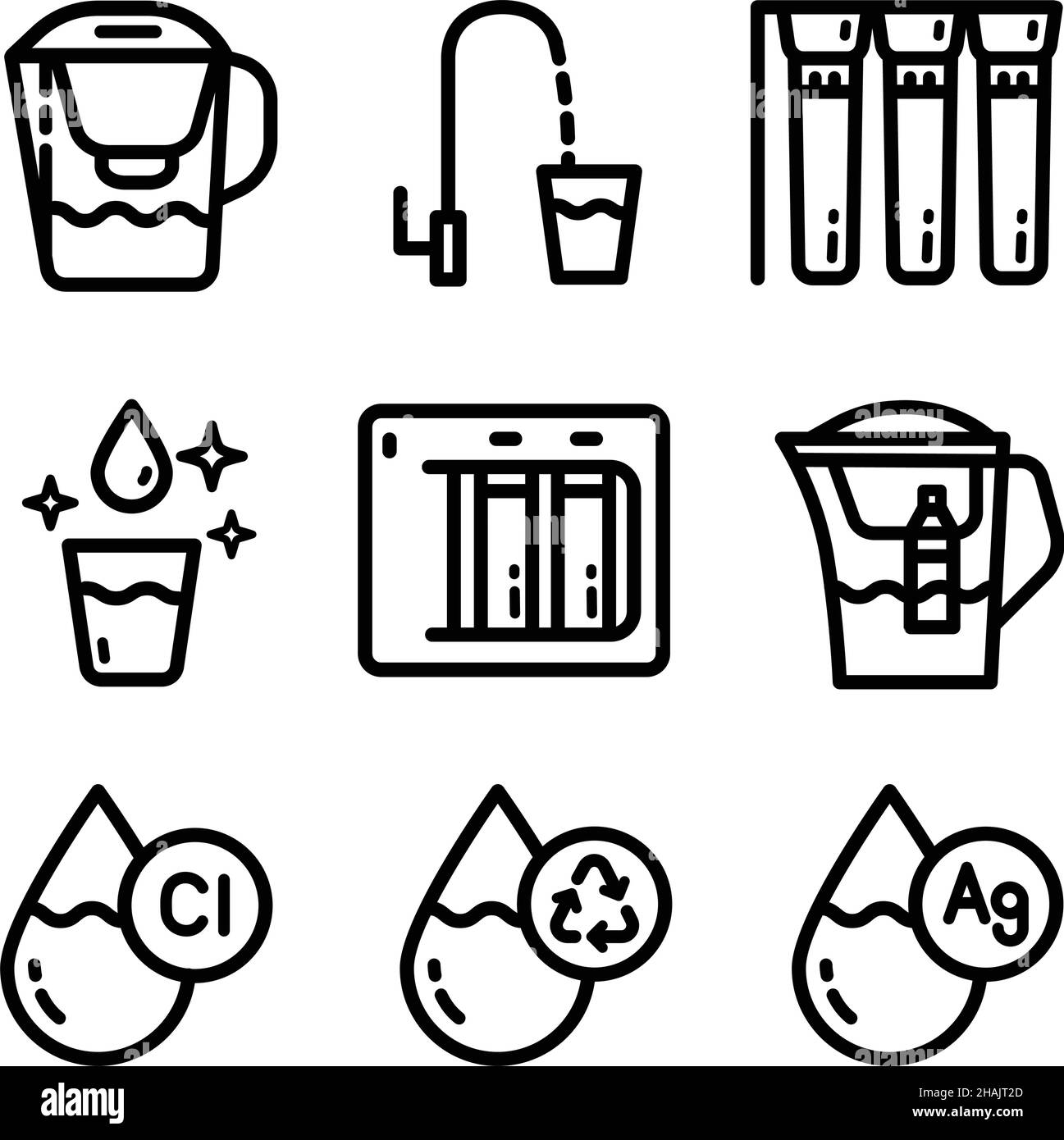 Set di icone del profilo di purificazione dell'acqua. Raccolta del trattamento delle acque reflue. Design a linea piatta. Illustrazione Vettoriale