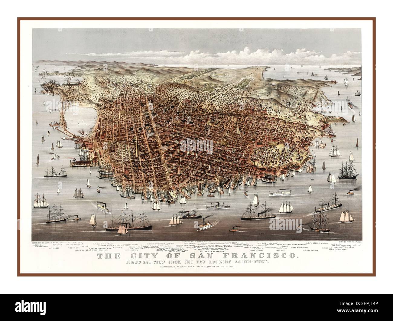 Vintage 1870s City of San Francisco 3D mappa uccelli vista occhio dalla baia guardando a sud-ovest / / disegnato e disegnato da C.R. Parsons. Vista panoramica di San Francisco, California, con la baia di San Francisco in primo piano e l'Oceano Pacifico in background... Currier e Ives. Parsons, Charles R. (Charles Richard), 1844-1918?, artista New York : pubblicato da Currier & Ives ; San Francisco : B. McQuillan, agente per la costa del Pacifico, c1878. - San Francisco--California--San Francisco--1870-1880 - San Francisco (California)--1870-1880 - Stati Uniti--California Foto Stock