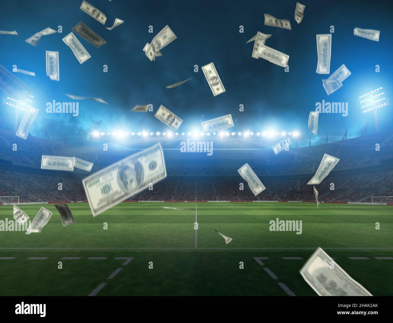 Stadio di calcio illuminato e caduta di banconote di scommettitori Foto Stock