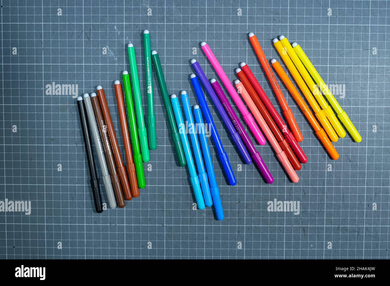 Penne colorate e matite pronte per qualche colorazione Foto Stock