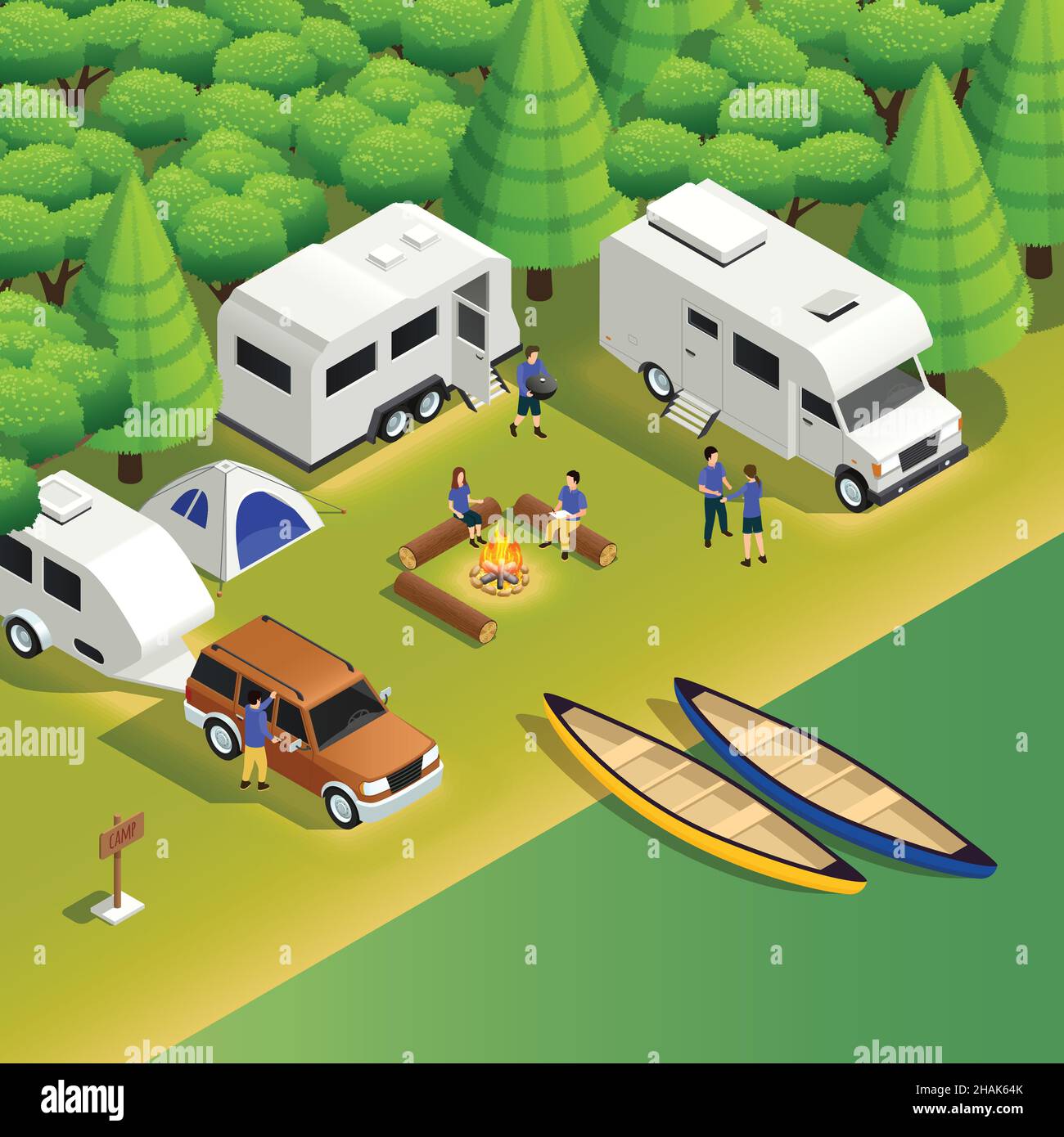 Kayak gite in canoa campeggio composizione isometrica con allroad veicolo tenda camper turisti campfire barche su fiume illustrazione vettoriale Illustrazione Vettoriale