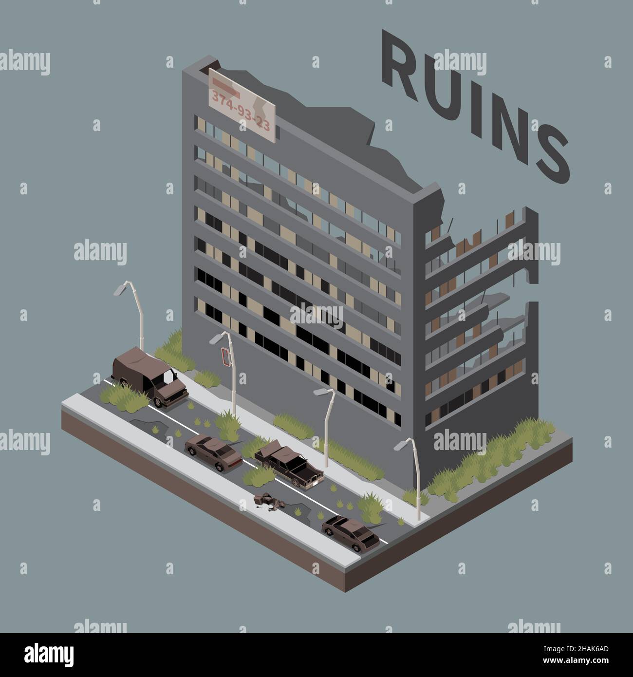 Rovine sfondo grigio isometrico con post apocalisse distrutto vuoto multistoried città edificio illustrazione vettoriale Illustrazione Vettoriale