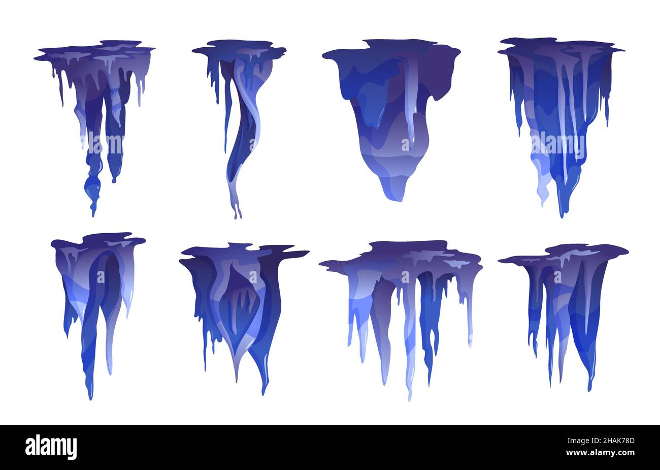 Stalattite icicle a forma di sospensione da grotte soffitti formazioni minerali varietà cobalto blu realistico set isolato illustrazione vettoriale Illustrazione Vettoriale