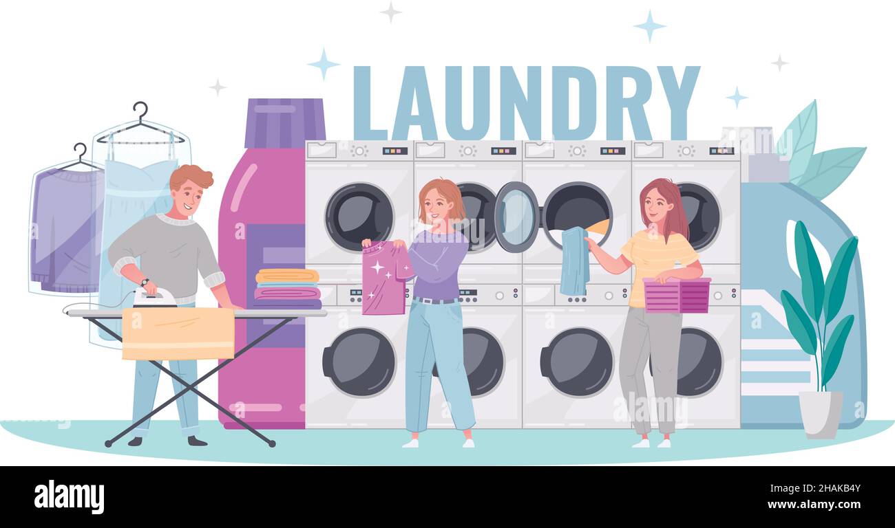 Lavanderia automatica cartoon vettore illustrazione con persone che utilizzano il servizio di lavanderia e ferro da stiro in background lavatrici Illustrazione Vettoriale