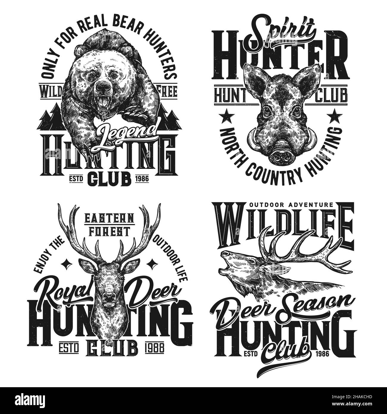 Maniche da caccia, trofei da caccia, emblemi vettoriali per t-shirt. Caccia club Selvaggio foresta alce, orso e cervi di montagna, caccia avventura o s Illustrazione Vettoriale