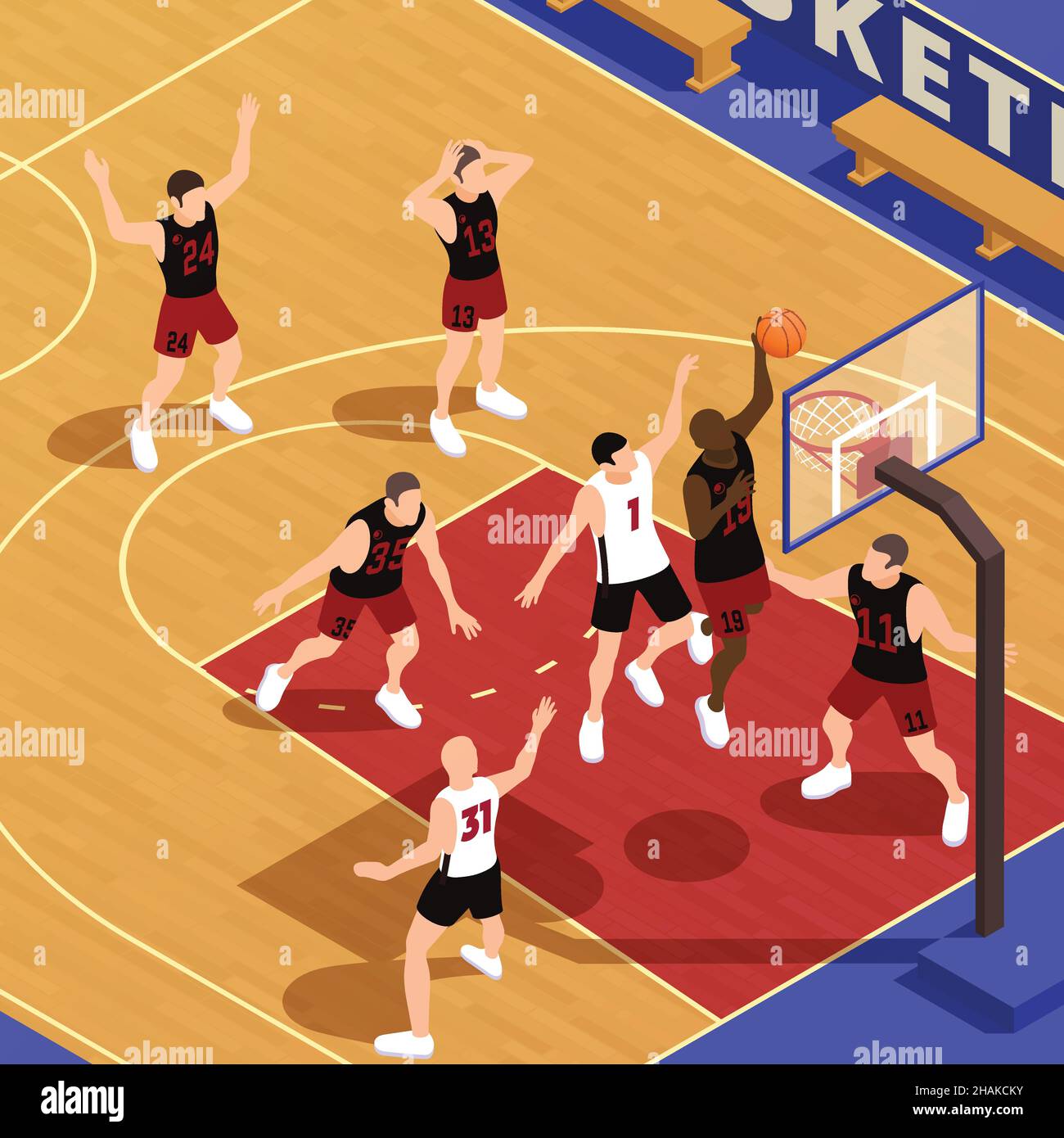 Composizione isometrica di basket con vista del campo durante il gioco di squadra con giocatore che lancia la palla in illustrazione vettoriale del cestino Illustrazione Vettoriale