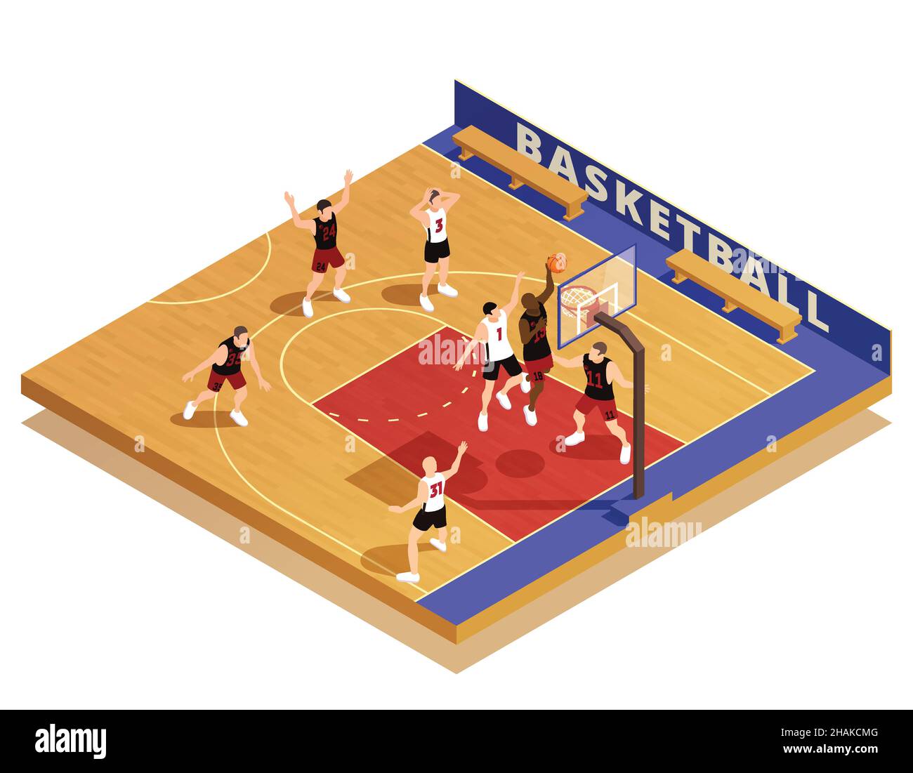 Composizione isometrica basket con personaggi dei membri della squadra che saltano alzando le mani gettando la palla in un'illustrazione vettoriale del cestino Illustrazione Vettoriale