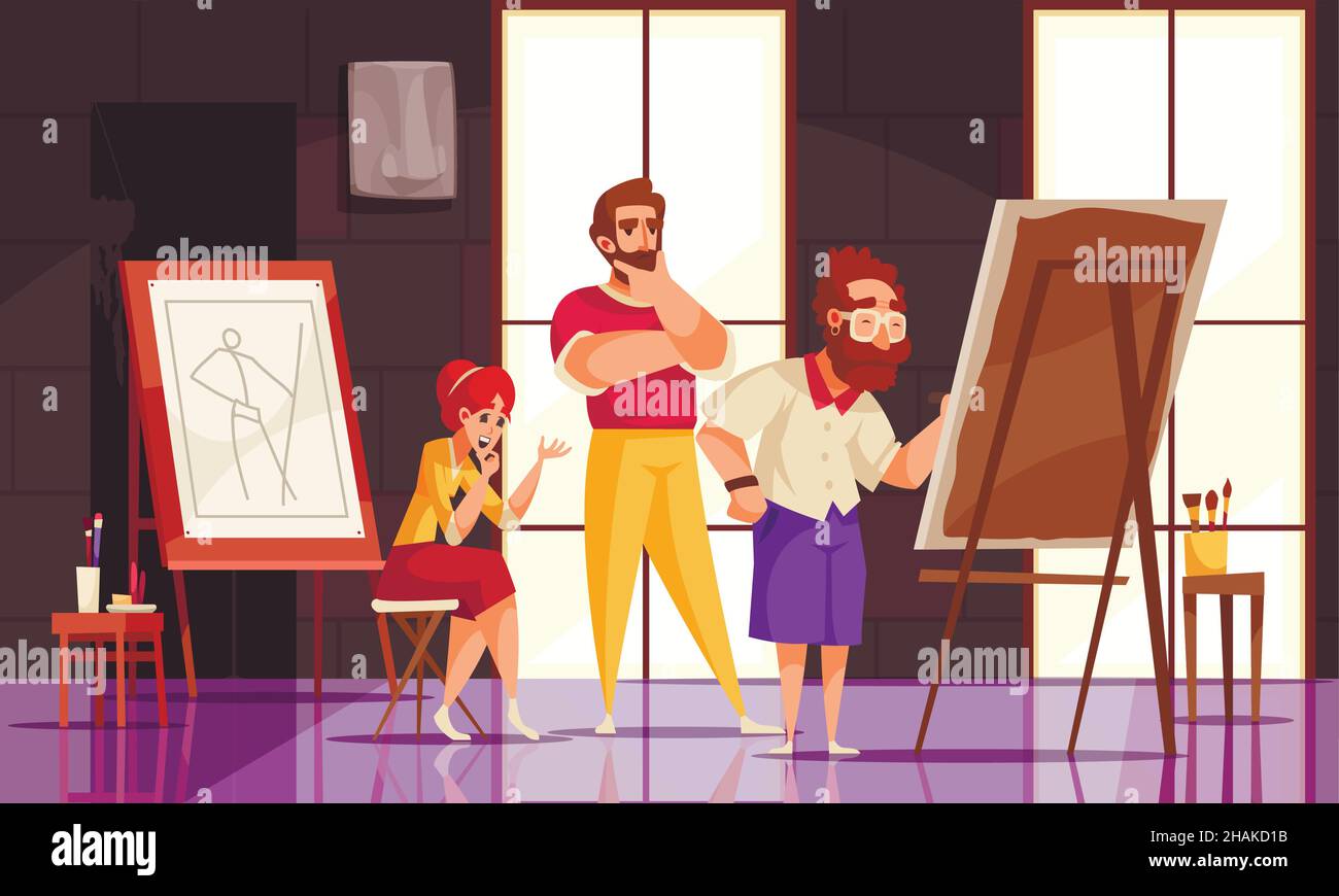 Insegnante professionista che dà l'arte master classe a uomo e donna in studio cartoon illustrazione vettoriale Illustrazione Vettoriale