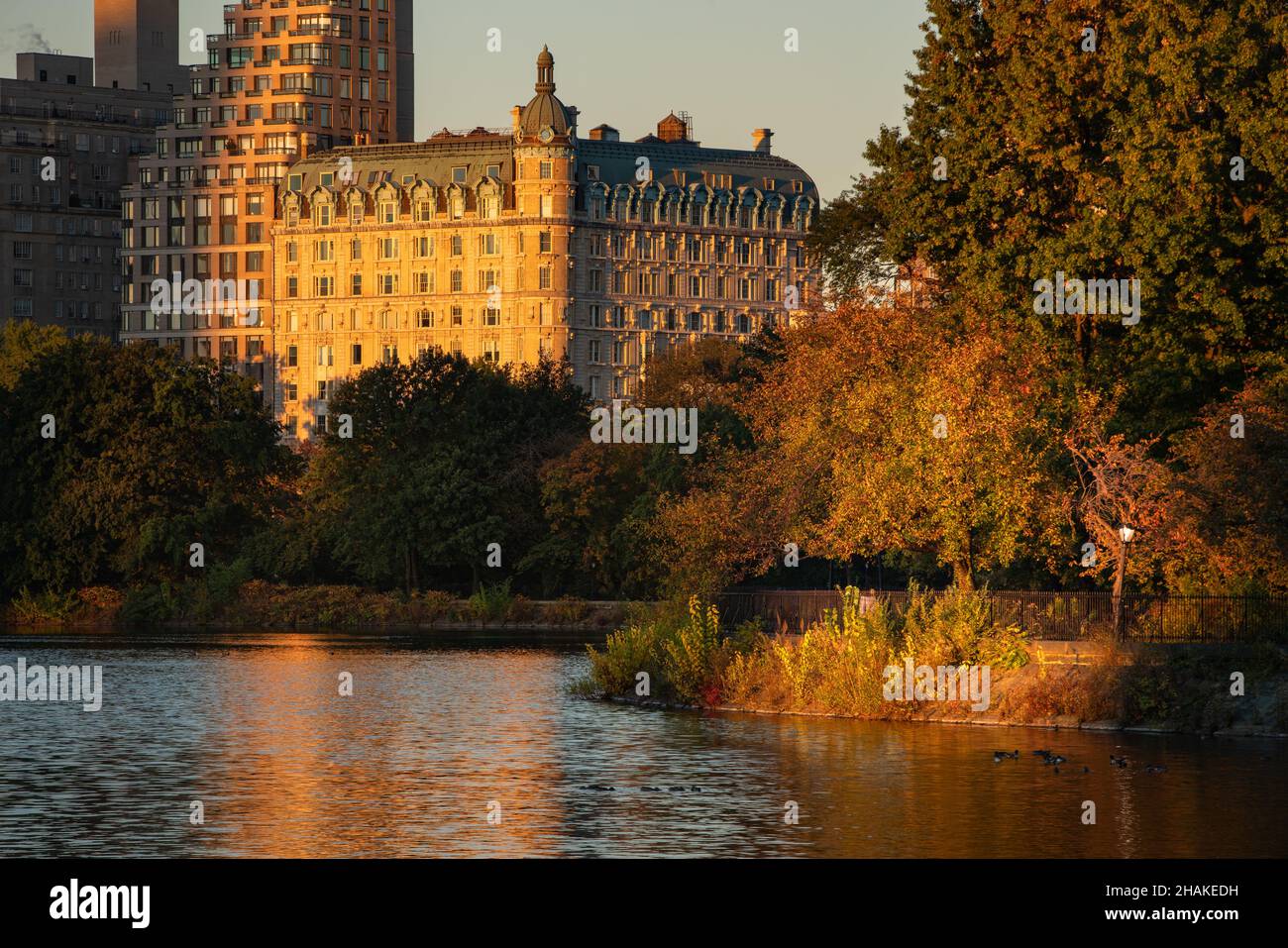 Upper West Side Alba e riflessione sul Central Park Jacqueline Kennedy Onassis Reservoir. Autunno a Manhattan, New York Foto Stock