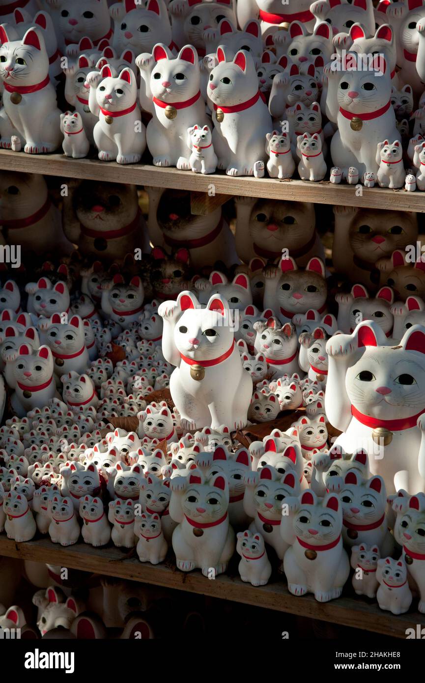 Statue tradizionali di gatto ondeggianti, conosciute anche come maneki-neko, al tempio di Gotokuji a Tokyo, in Giappone. Foto Stock