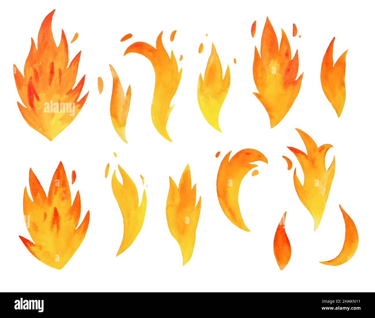 Fuoco acquerello con lingue di fiamma isolate su sfondo bianco. Falò acquarello trafilato a mano, elementi di fuoco con scintille. Foto Stock