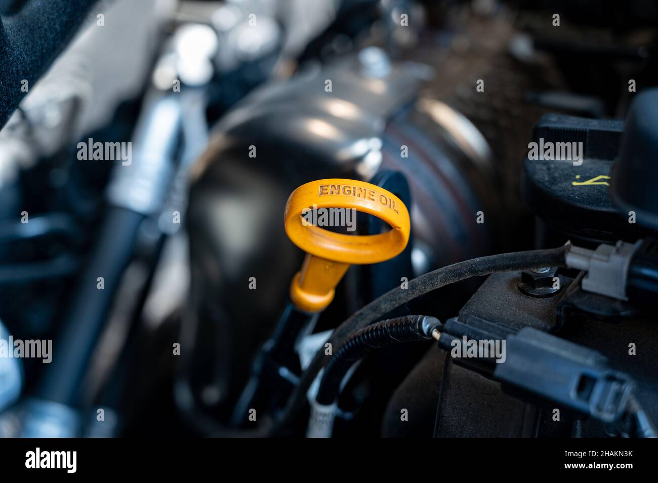 Motore del veicolo con l'astina di livello dell'olio gialla. Foto Stock
