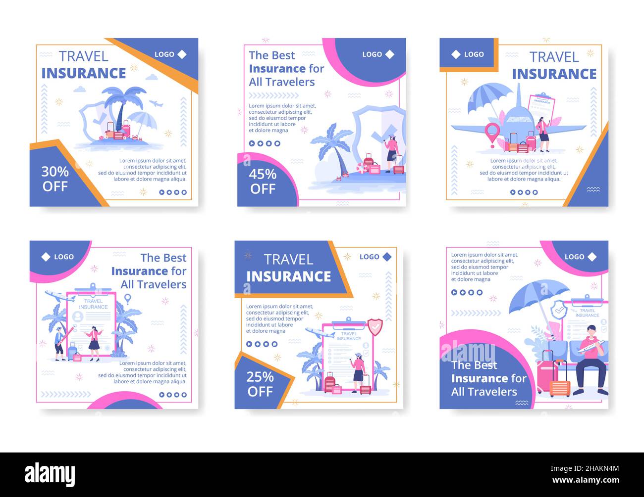 Travel Insurance Post Template Flat Design Illustrazione Editabile di sfondo quadrato adatto per i social media, biglietto d'auguri e Web Ads Internet Illustrazione Vettoriale