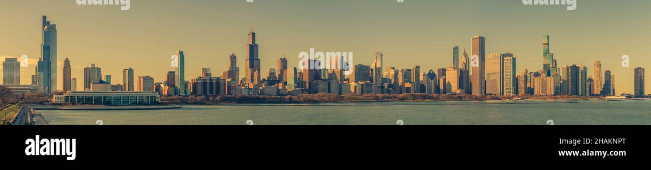 Panorama panoramico ultra ampio del centro di Chicago, Illinois, Stati Uniti d'America. Foto Stock