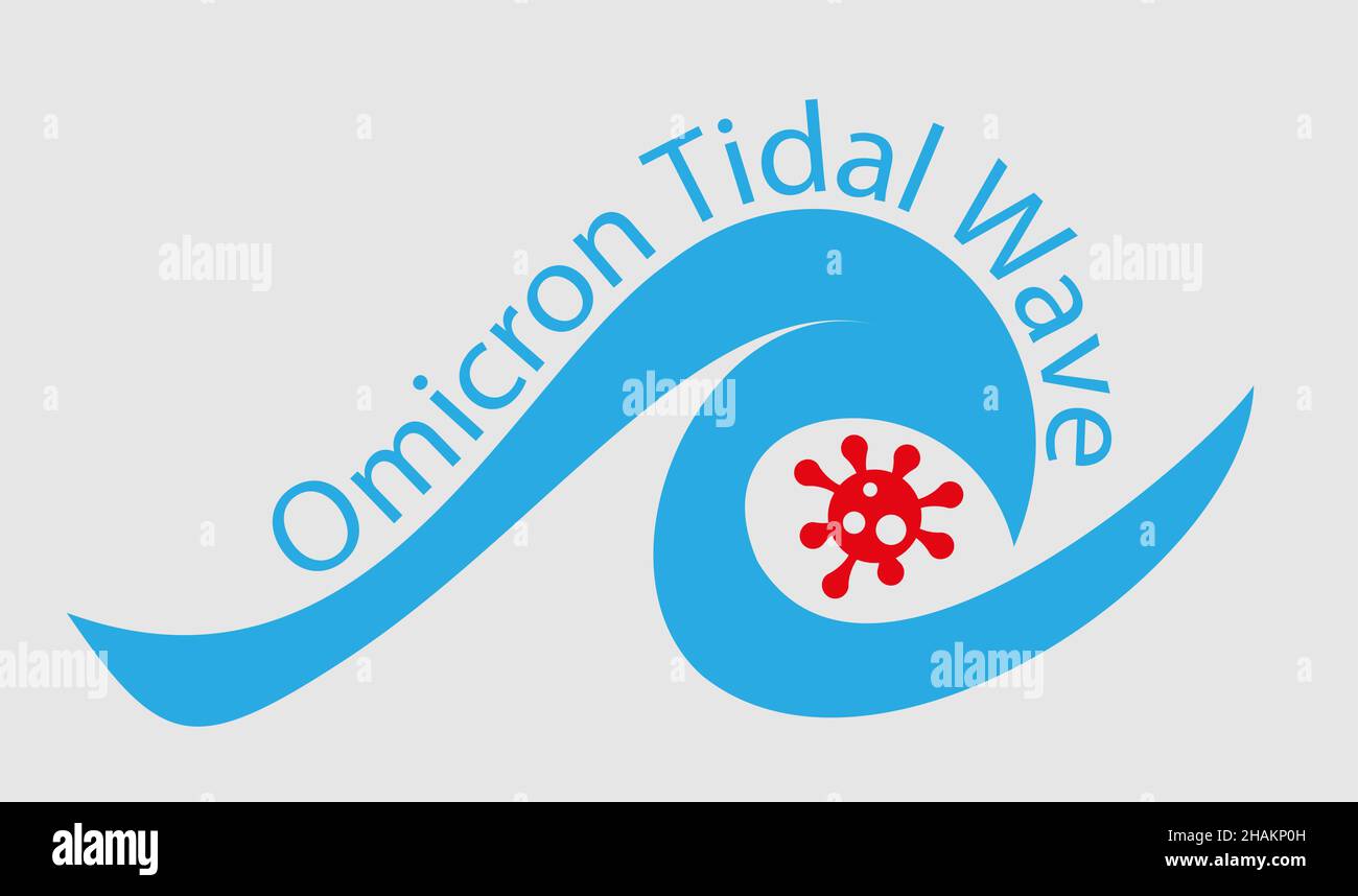 Omicron Tidal Wave COVID-19 variante di preoccupazione - Illustrazione con logo rosso del virus su sfondo chiaro. Illustrazione Vettoriale