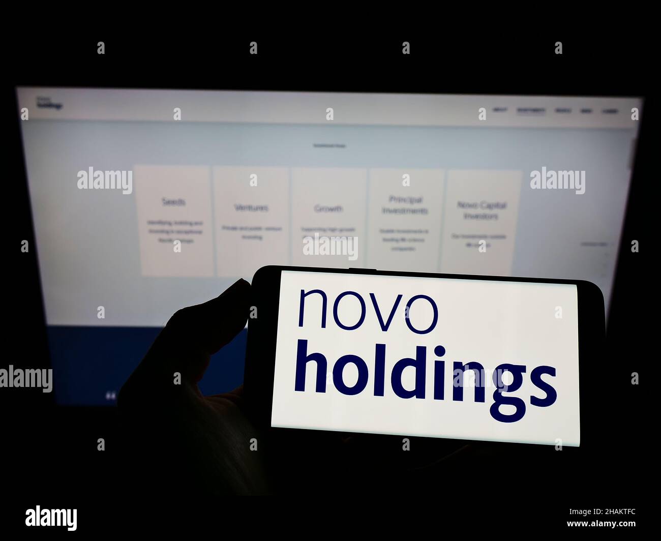 Persona che detiene il telefono cellulare con il logo della società di investimento danese Novo Holdings SULLO schermo di fronte alla pagina web. Mettere a fuoco sul display del telefono. Foto Stock