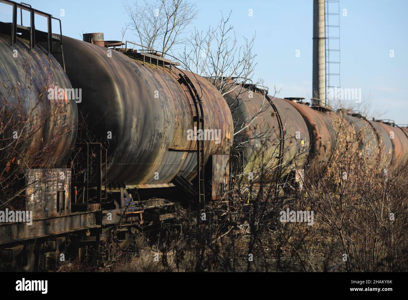 Profondità di campo poco profonda (fuoco selettivo) immagine con vecchie e arrugginite petroliere ferroviarie nel mezzo di un campo in una giornata invernale soleggiata. Foto Stock