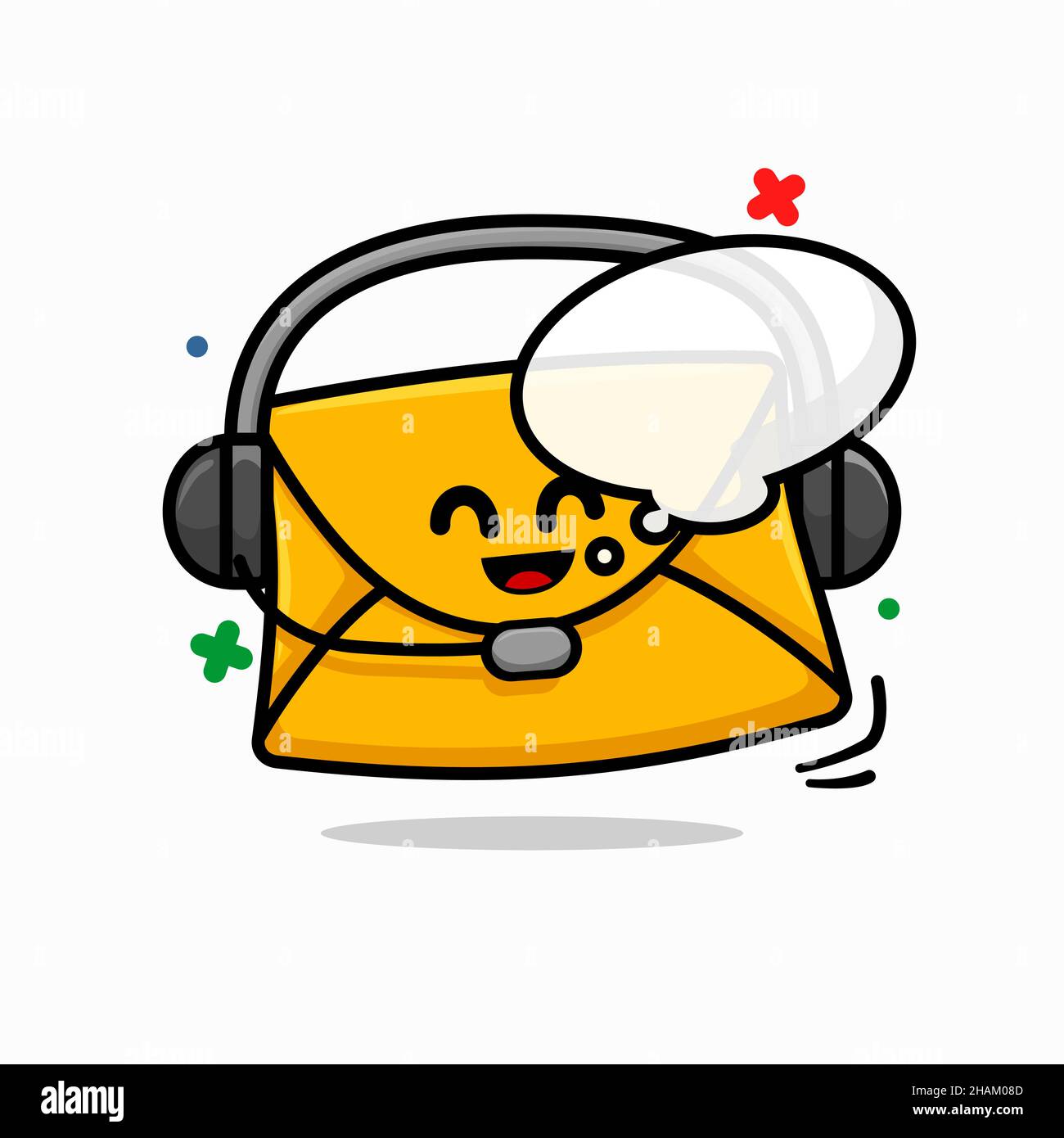 email customer support concept. isolato carino mail cartoon viso indossare cuffie illustrazione vettoriale Illustrazione Vettoriale