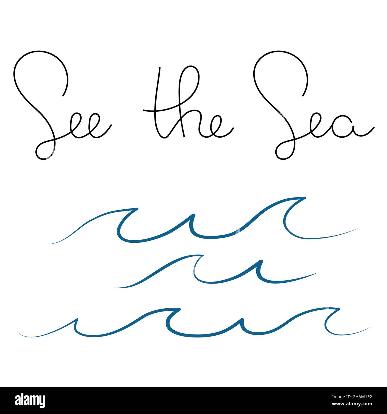 Semplici onde minimaliste e frase scritta disegnata a mano acqua lago fiume logo illustrazione vettoriale, design isolato su sfondo bianco Illustrazione Vettoriale