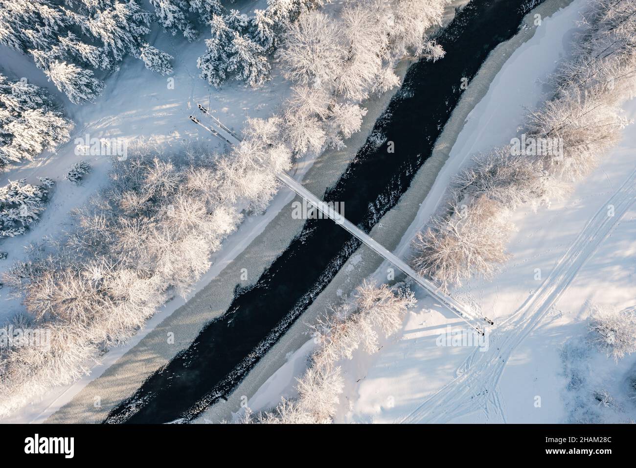 Vista dall'alto della foresta invernale e del piccolo fiume con ponte. Vista dall'alto del fiume gelido e del ponte sospeso coperto di neve nella soleggiata giornata invernale Foto Stock