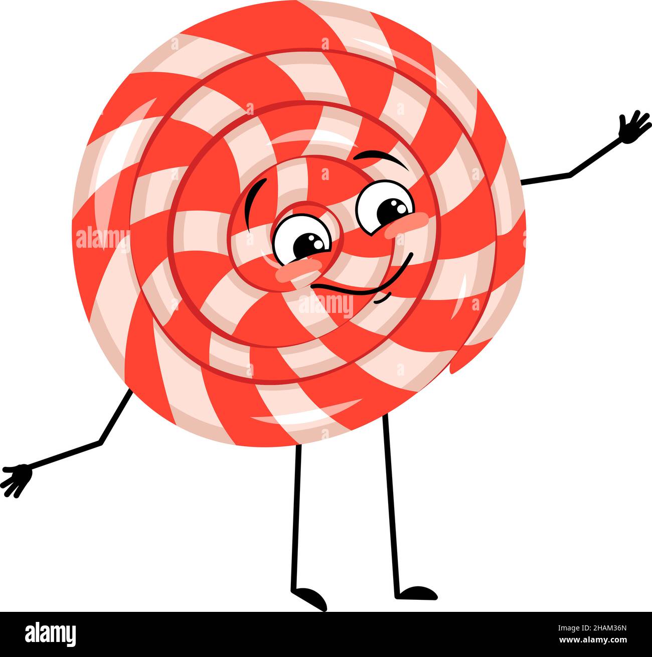 Simpatico personaggio lollipop con emozioni felici, viso, sorriso, occhi, braccia e gambe. Allegro dolce caramella persona Illustrazione Vettoriale