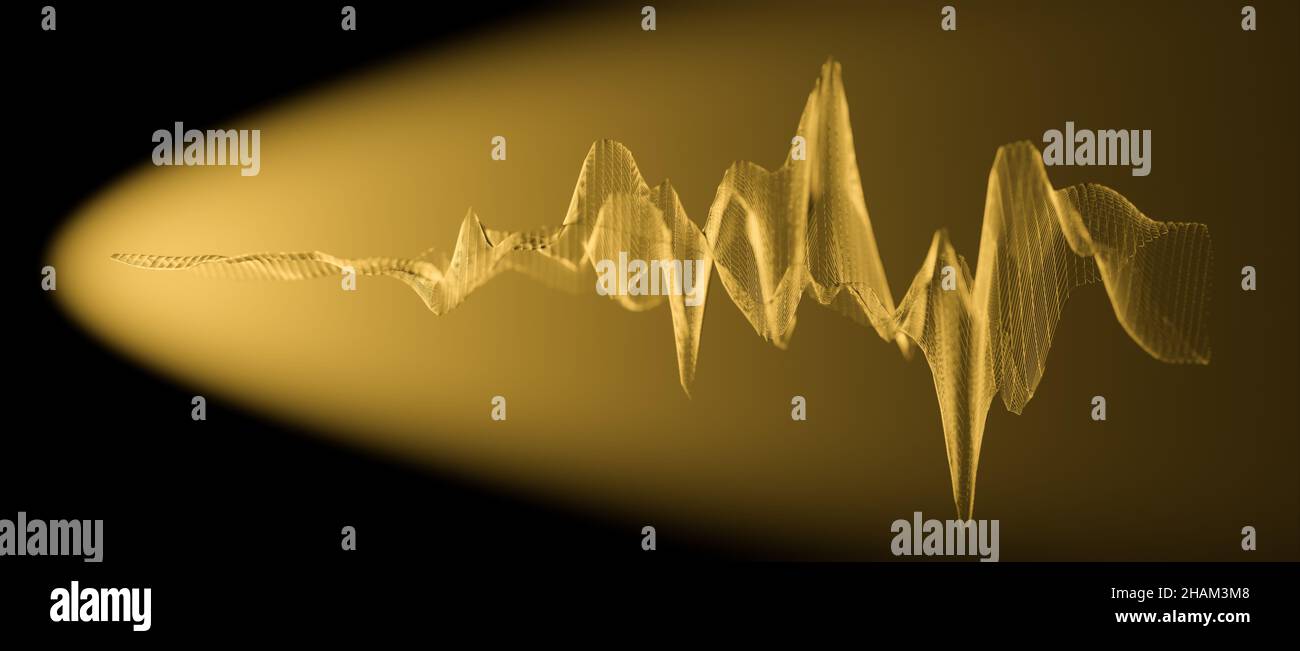 Struttura della forma d'onda a reticolo o visualizzazione astratta delle onde sonore gialle illuminate da un cono luminoso Foto Stock