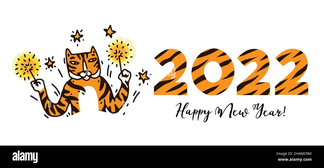 Nuovo anno della tigre 2022 concept banner. Numeri dell'anno 2022 con strisce e simpatico personaggio Happy Tiger in occasione del nuovo anno. vecto disegnato a mano Illustrazione Vettoriale