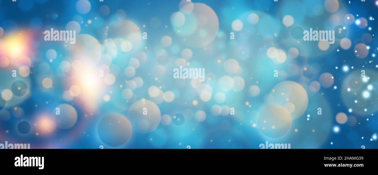 Fantasy Bubbles Blurred Bokeh Jjoyful Blue con Light Blue Colors Banner background Concept of New Year for Fun Foto Stock