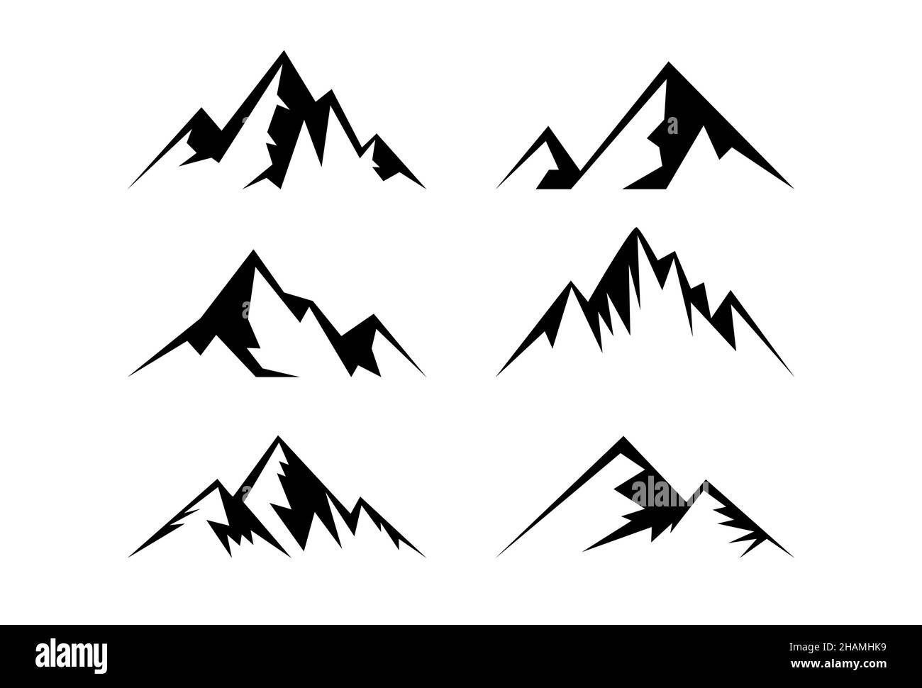 Icone della montagna impostate su sfondo bianco. Illustrazione Vettoriale