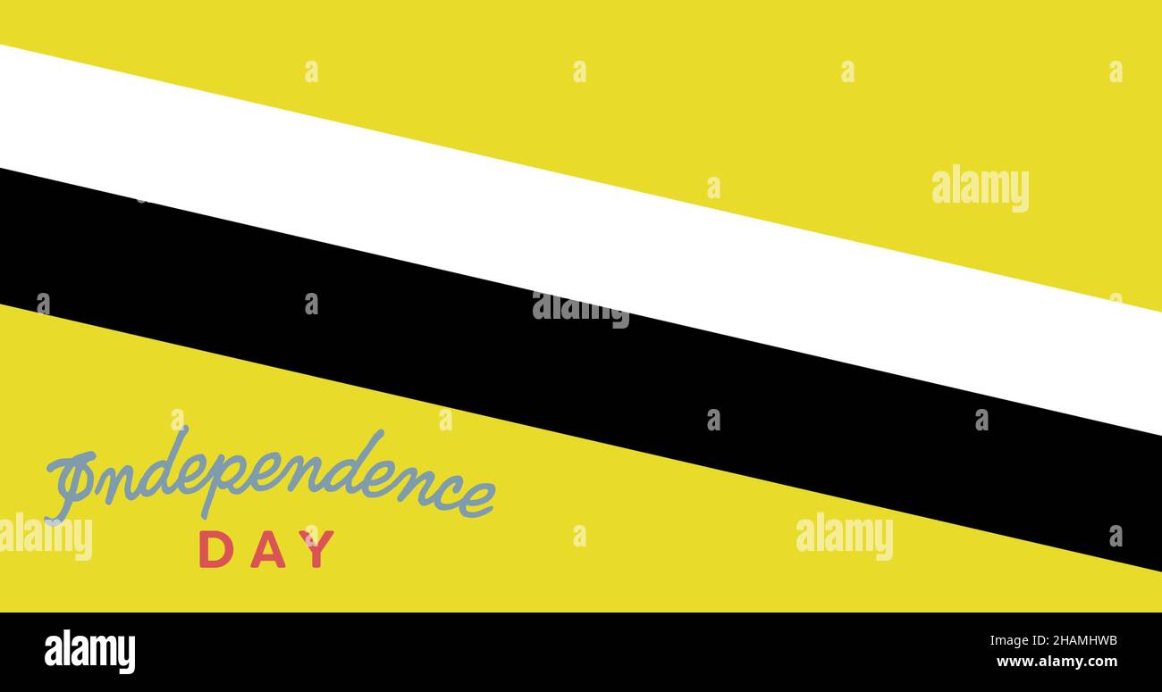 Testo del giorno dell'indipendenza sulla bandiera brunei con strisce diagonali bianche e nere e spazio per la copia Foto Stock