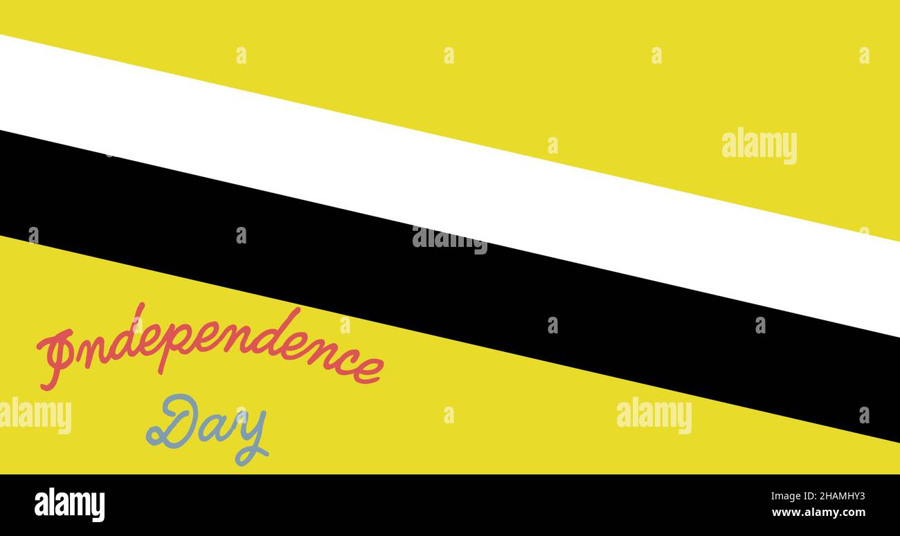 Testo del giorno dell'indipendenza sulla bandiera brunei gialla con strisce diagonali bianche e nere e spazio per la copia Foto Stock