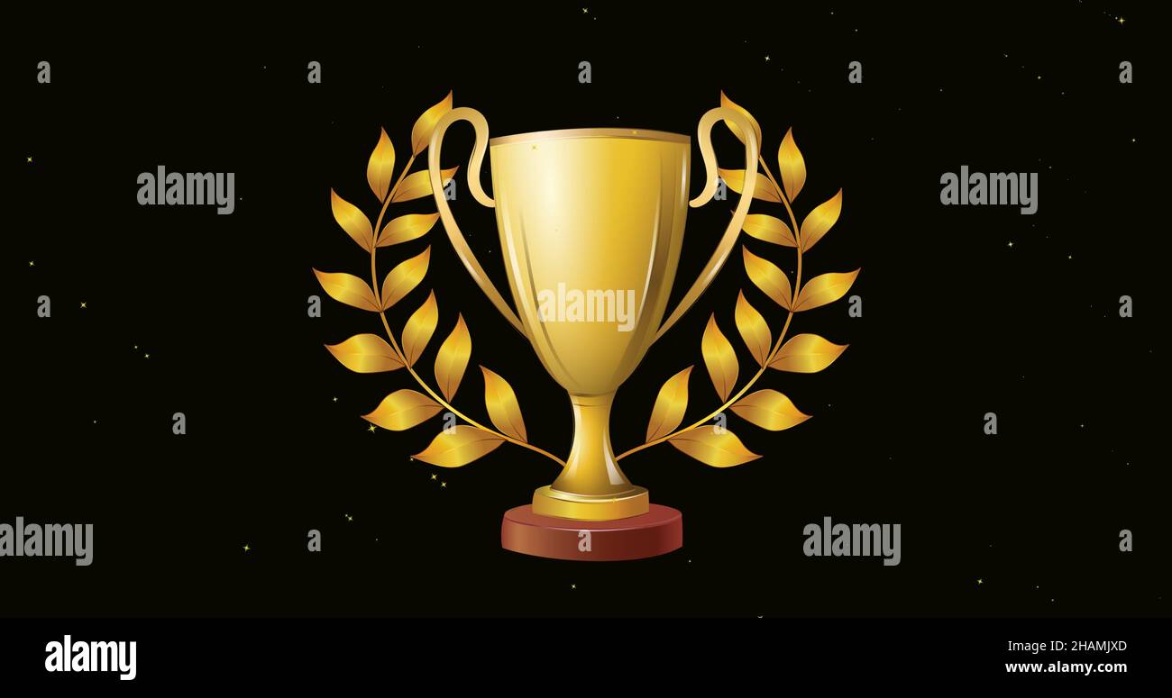 Immagine composita digitale del premio trofeo dorato con foglie su sfondo nero Foto Stock