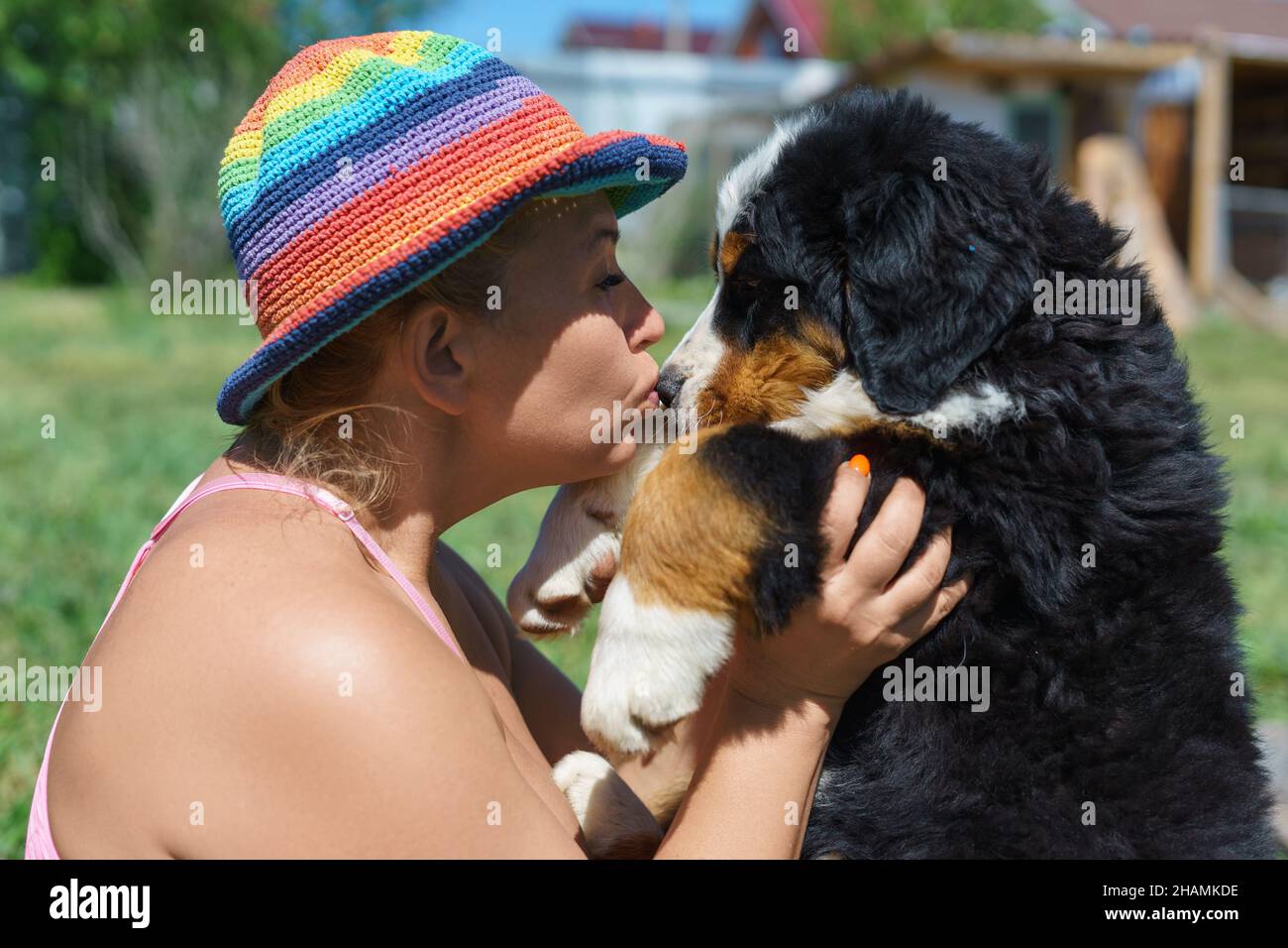 Una donna caucasica di mezza età bacia un cucciolo di cane bernese in puribed sulla museruola. Giornata estiva soleggiata nella natura Foto Stock