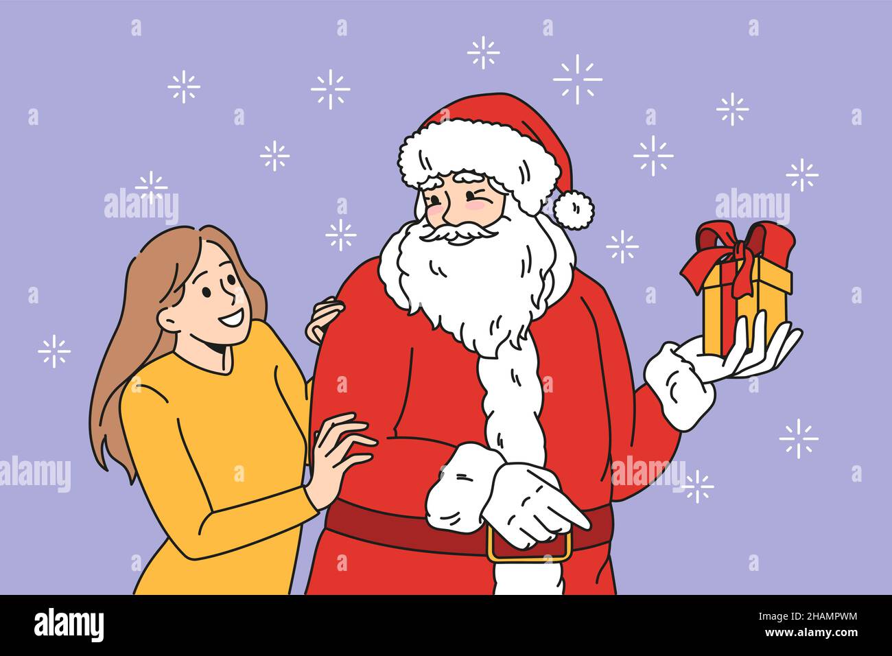 Preparazione per le vacanze di Natale concetto. Positiva giovane donna in piedi e abbracciante Santa tenuta presente in scatola con nastro vettore illustrazione Illustrazione Vettoriale