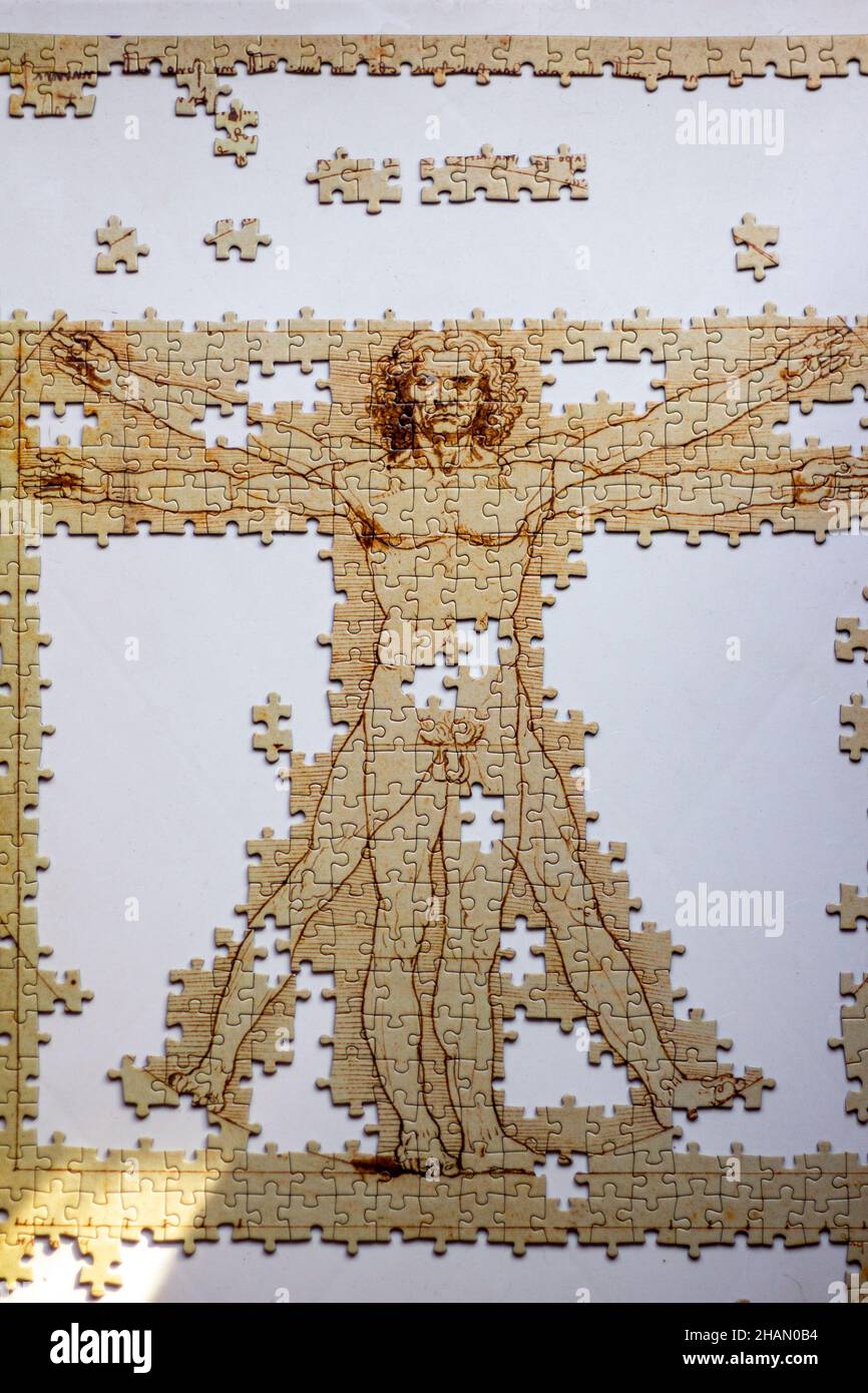 Puzzle incompiuto set di Leonardo da Vinci Vitruvian Man anatomia fotografata su sfondo bianco Foto Stock