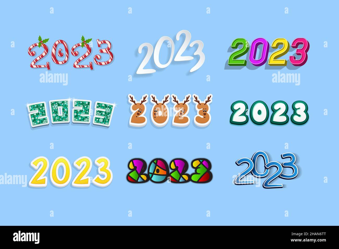 Data di calendario 2023 numero modello di disegno impostato multicolore su sfondo blu. Illustrazione Vettoriale