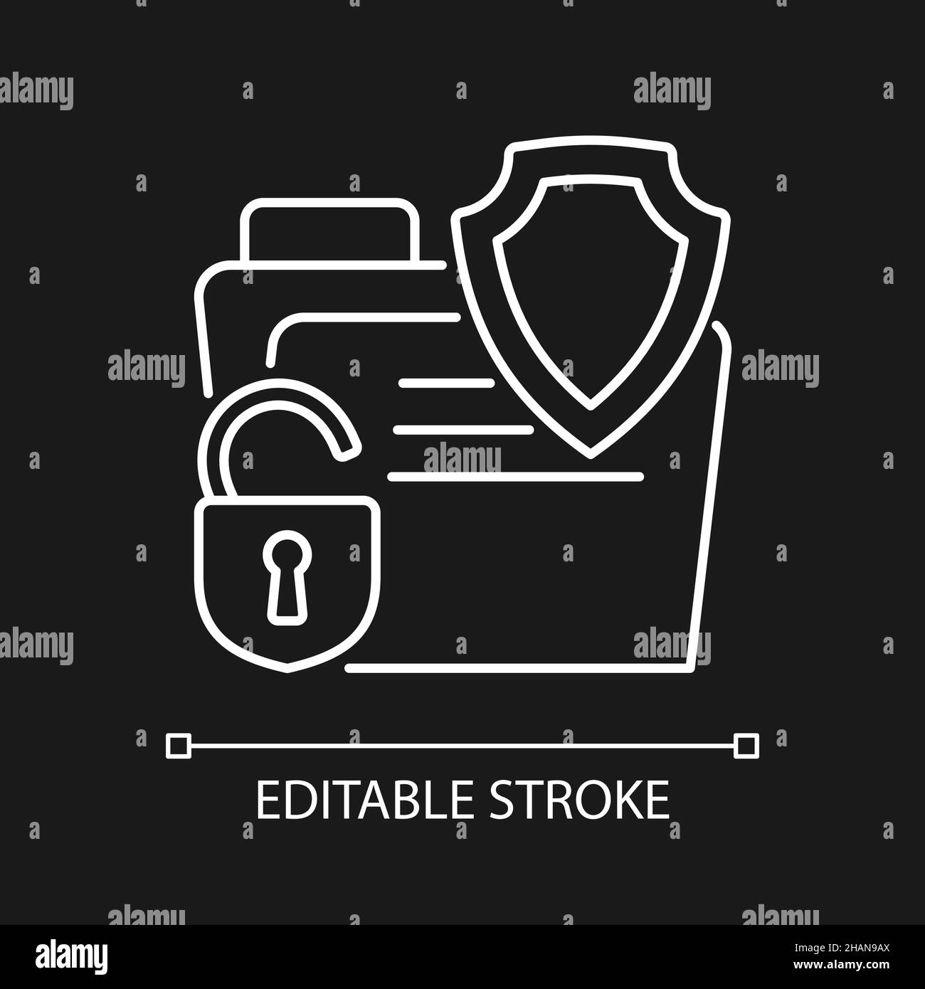 Icona lineare bianca dell'assicurazione violazione dei dati per il tema scuro Illustrazione Vettoriale