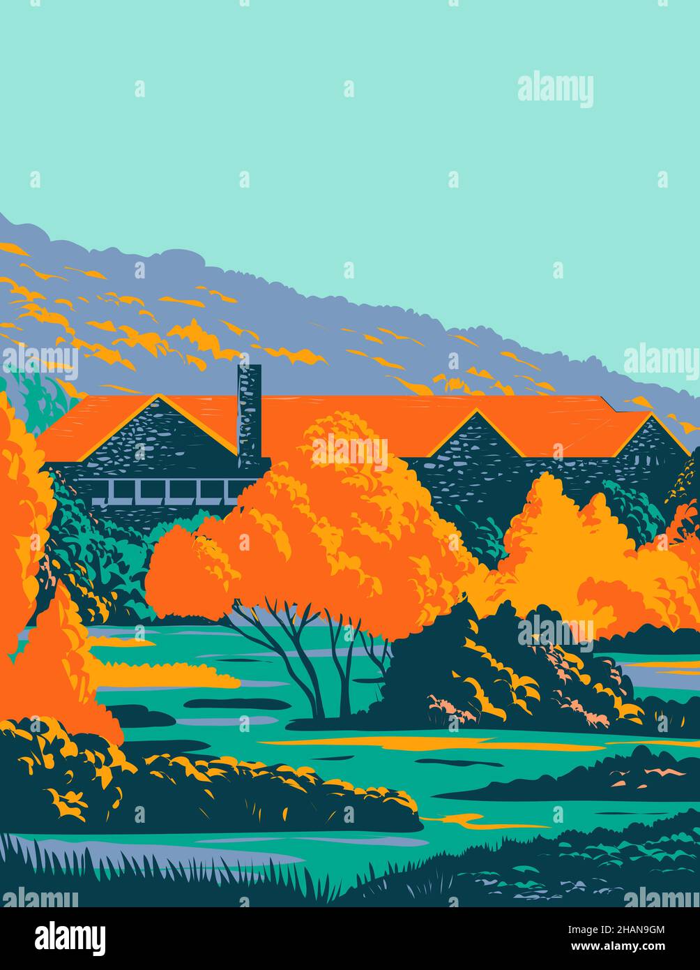 Stone Lodge con Red Roof e alberi di fronte durante l'autunno WPA Poster Art Foto Stock