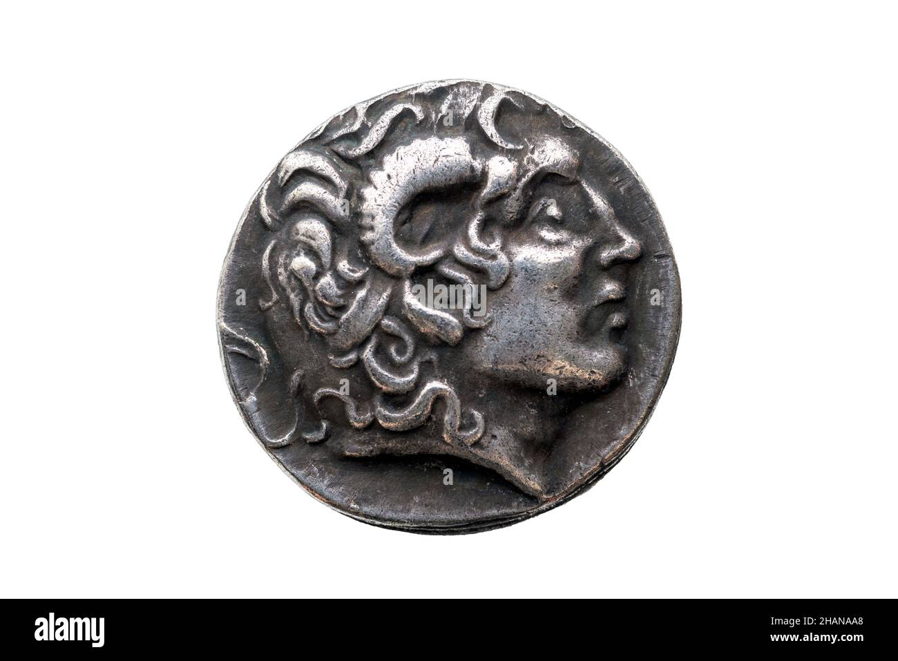 Greco argento Drachum moneta replica di Alessandro il Grande datato 336-323 AC ritagliato e isolato su uno sfondo bianco, foto di scorta immagine Foto Stock