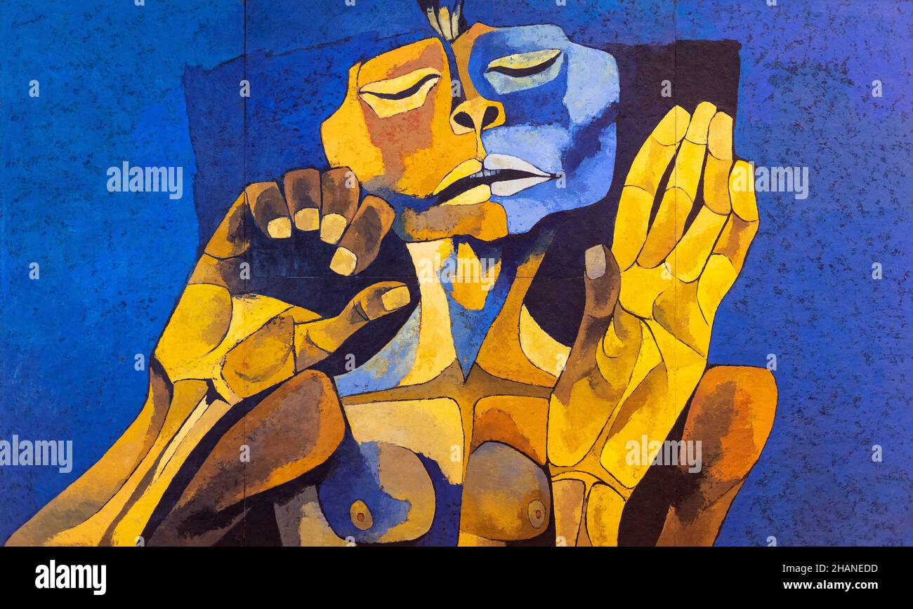 El mestizaje o gare di miscelazione, pittura di Oswaldo Guayasamin, Cappella dell'uomo, Quito, Ecuador. Foto Stock