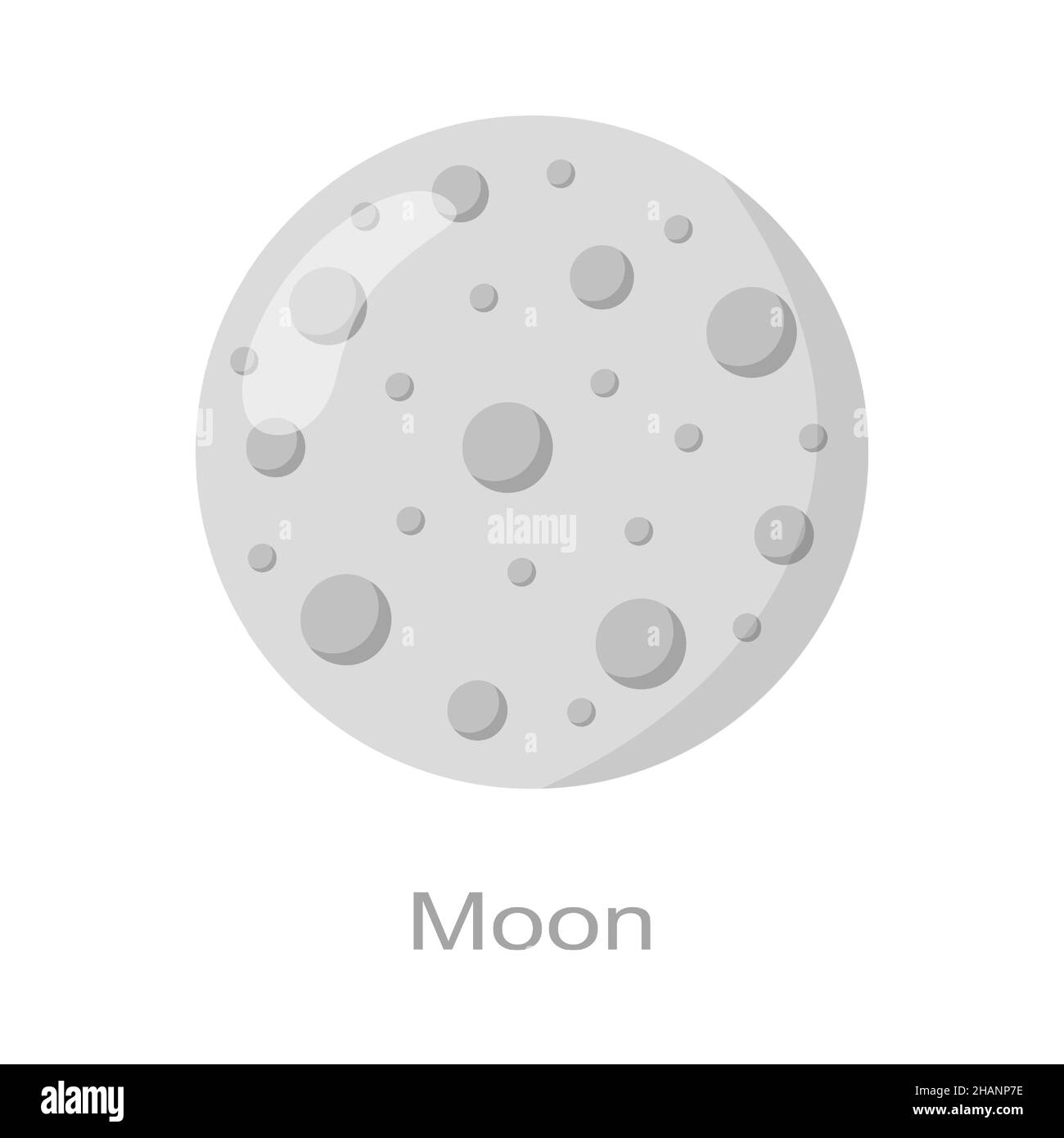 Icona Luna con nome isolato su sfondo bianco. Massa satellite. Elemento universo del sistema solare. Bambini planetaria. Illustrazione di un cartoon vettoriale. Illustrazione Vettoriale