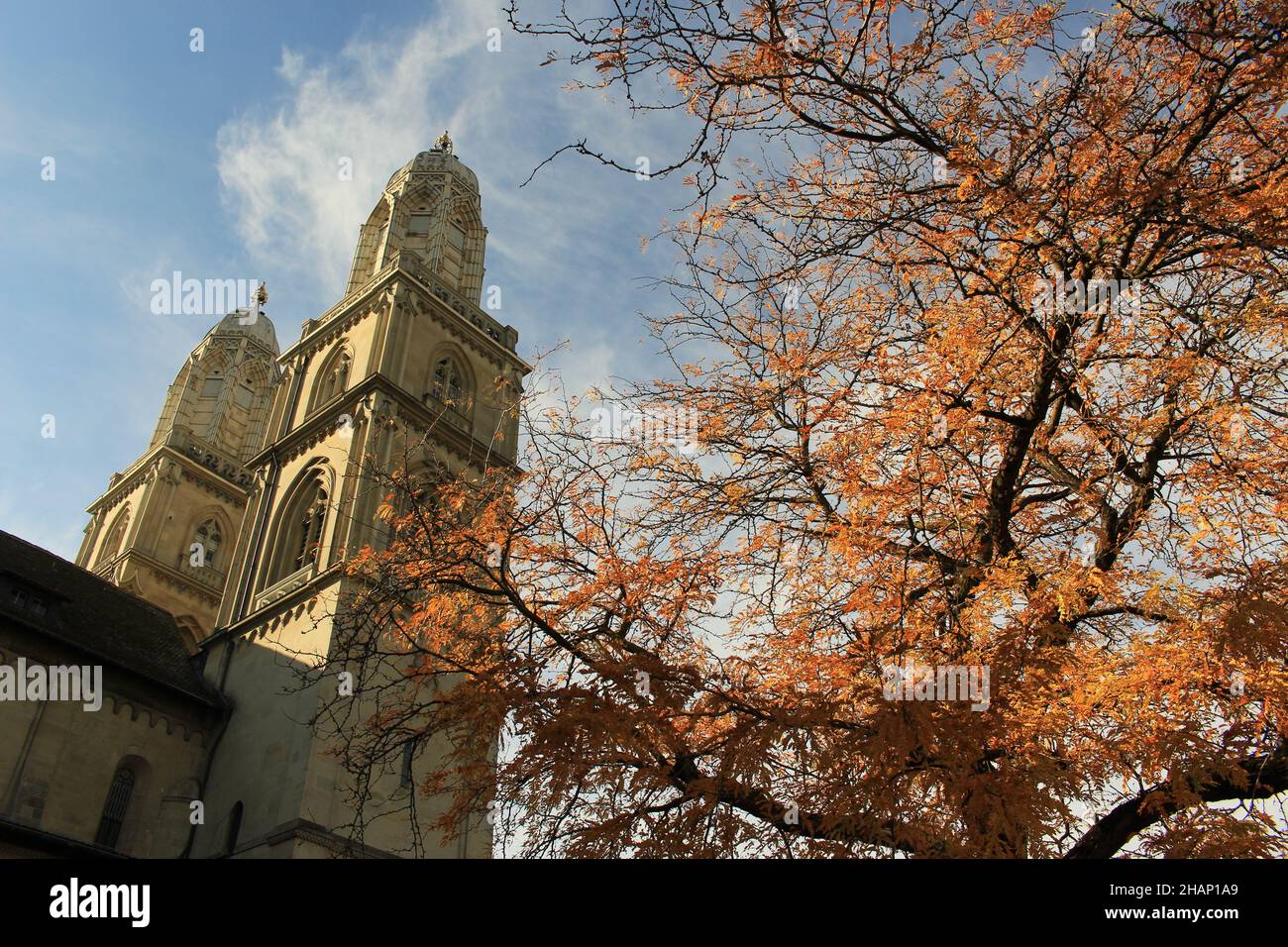 Torri gemelle del Grossmünster in autunno (Zurigo, Svizzera). Vista autunnale con angolo basso del punto di riferimento di Zürich. Monumenti svizzeri in autunno Foto Stock