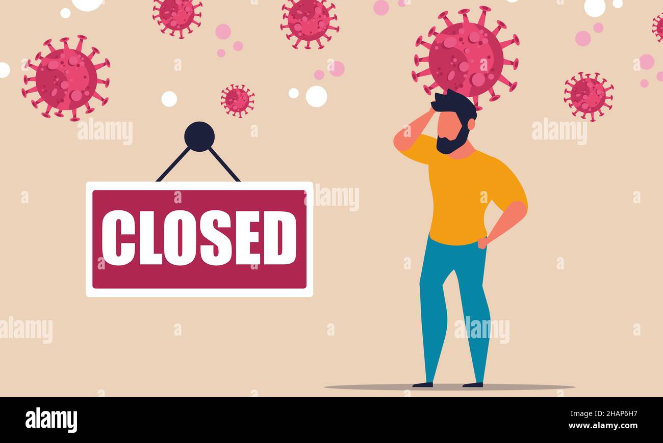 Business ristorante vicino al coronavirus. Crisi pandemica delle aziende di negozi senza lavoro. Lockdown imprenditore di servizi. Negozio del mercato pubblico a rischio biologico. Vettore Illustrazione Vettoriale