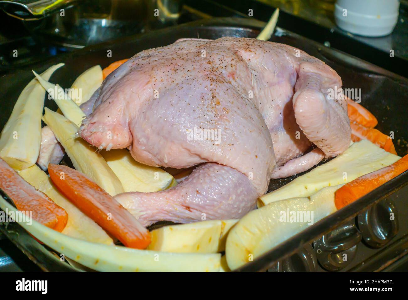 Un pollo in una teglia per arrostire preparato e pronto per il forno, dove verrà arrostito con pezzi di pastinaca e carote a fettine. Foto Stock