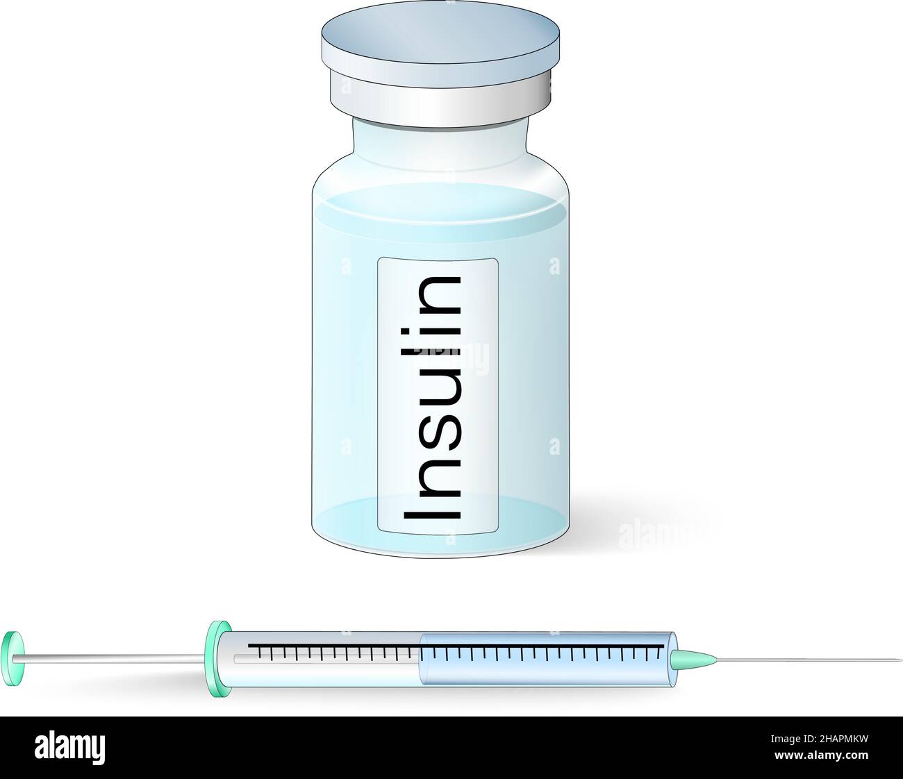Insulina in flaconcino di vetro e siringa per insulina. Diabete. Illustrazione vettoriale isolata. Soluzione iniettabile Illustrazione Vettoriale