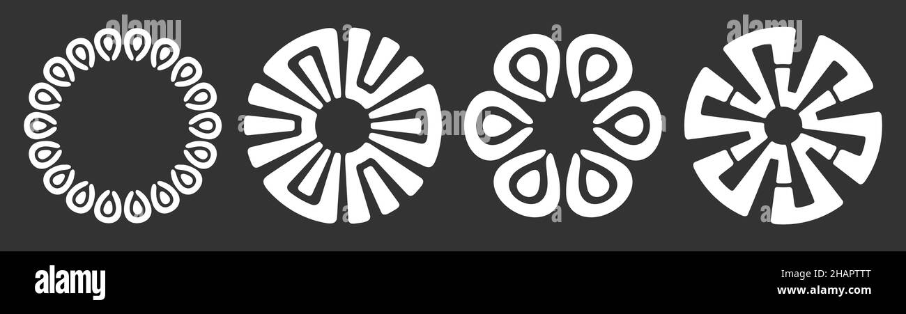 Set di quattro ornamenti circolari astratti. Motivi decorativi isolati su sfondo nero. Motivi etnici tribali. Schema etnico orientale, segni. Illustrazione Vettoriale