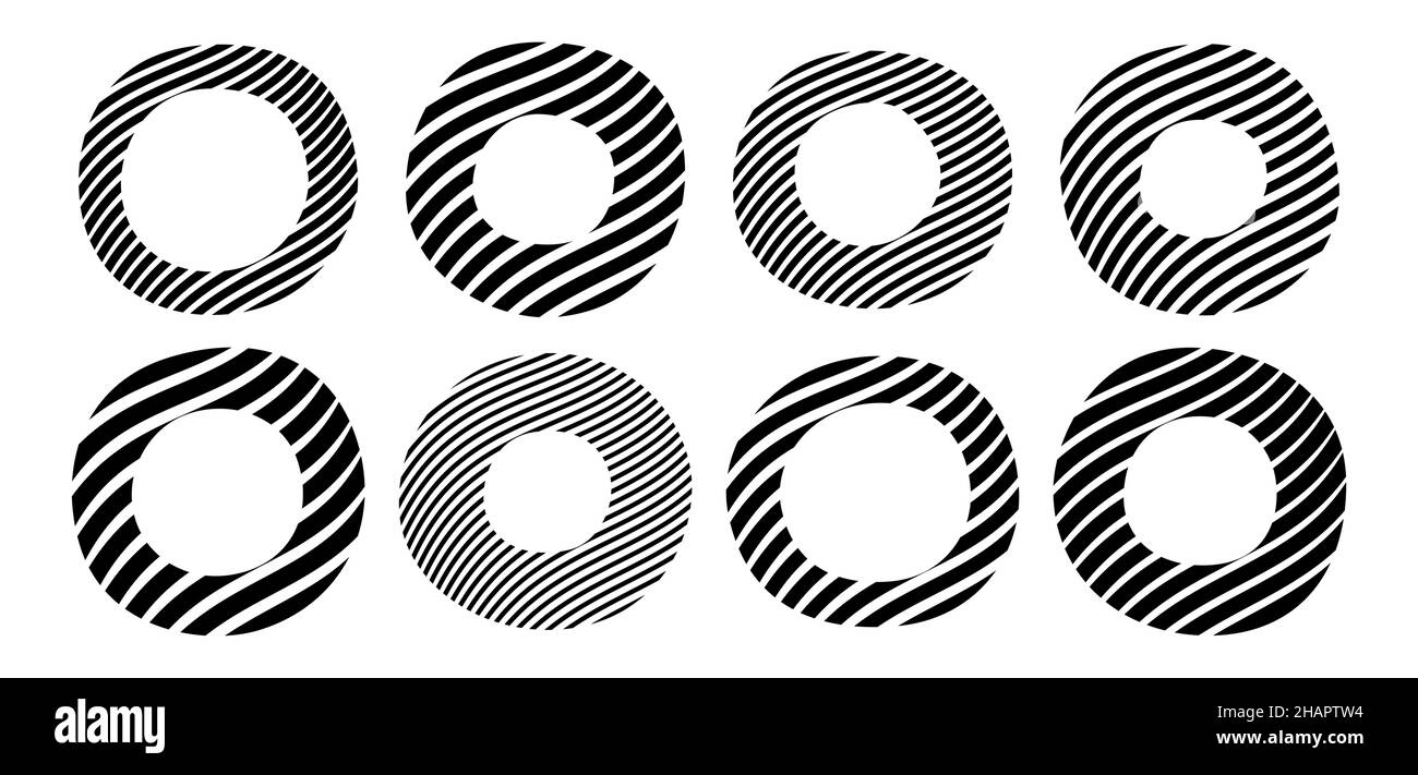 Set di otto cerchi a strisce, ciambelle, isolati su sfondo bianco. Forme geometriche semplici. Elementi di design vettoriali geometrici piatti. Illustrazione Vettoriale